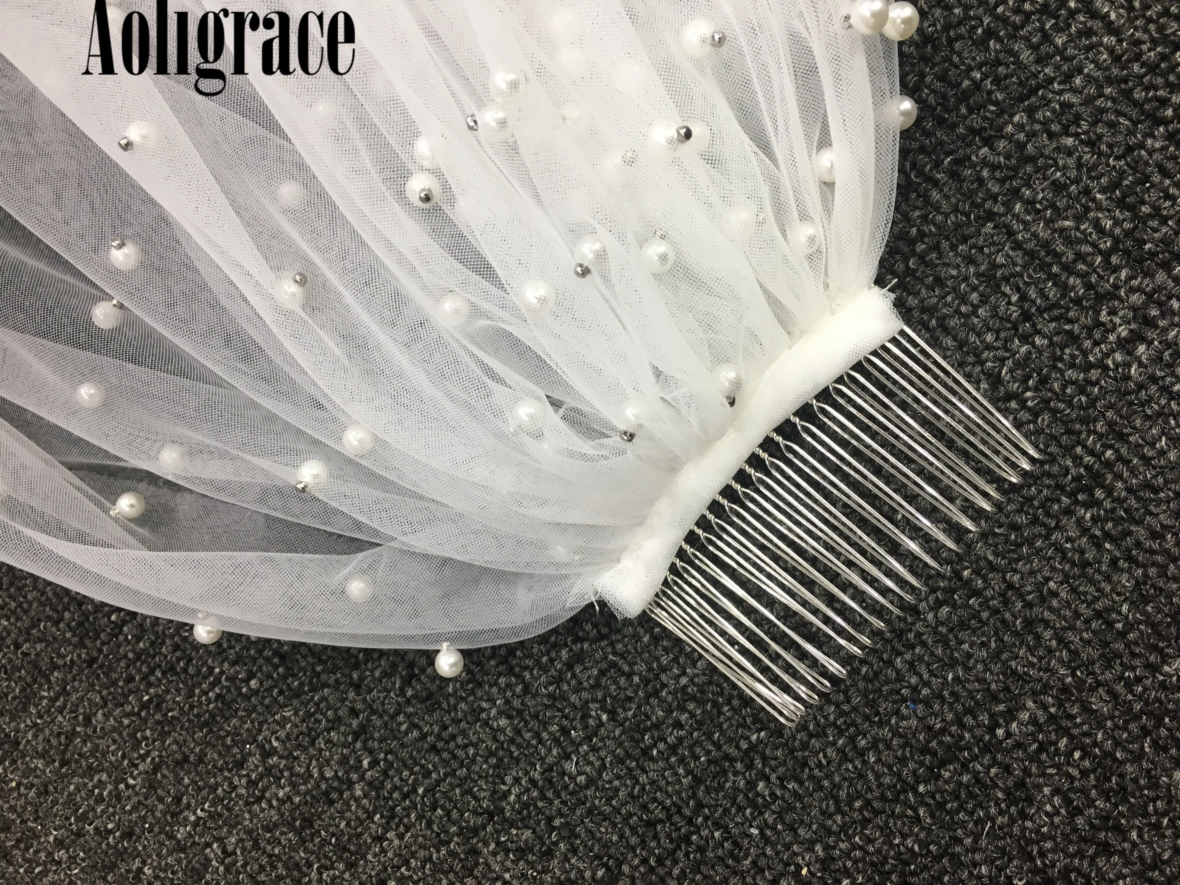 Aoligrace 2021 Однослойная свадебная фата с жемчугом длинная белая/цвета слоновой