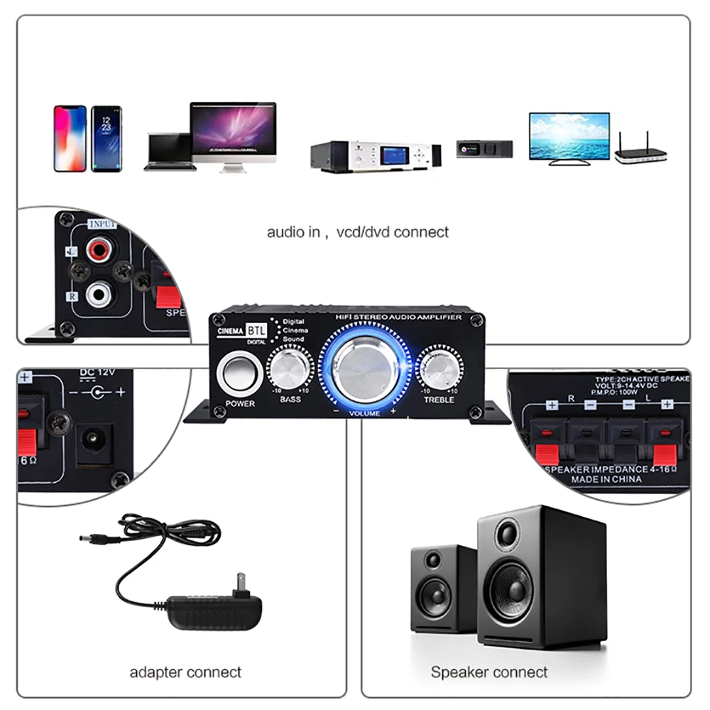 

Portable Kinter MA-170 Mini 12V 20W Hi-Fi Stereo Amplifier Booster For Car Motorcycle CD DVD Speaker Loudspeakers