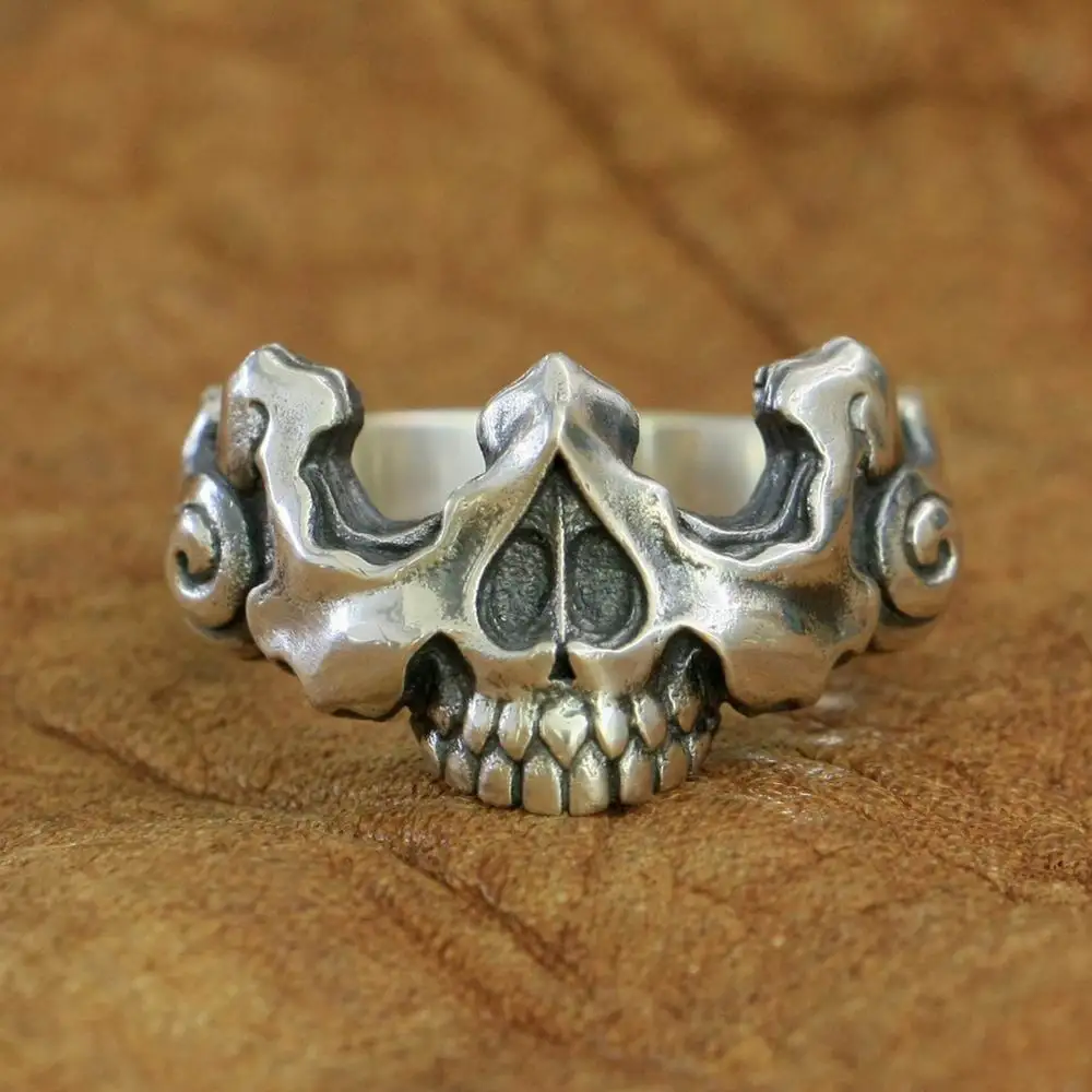 LINSION Rings 925 Sterling Silver Half Skull Face Ring Mens Biker Punk Ring  TA275 US Size 6~15