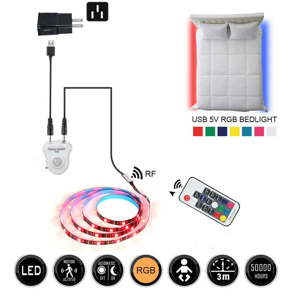 Светодиодная лента с датчиком движения PIR 5050 RGB USB 5 В для туалета лестницы под