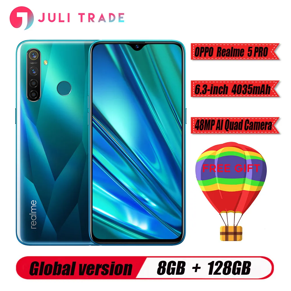 Мобильный телефон Oppo Realme 5 PRO с глобальной европейской версией Snapdragon 712 AIE 4305 мАч, полноэкранный 8 ГБ ОЗУ 6,3 б ПЗУ МП, 5 камер