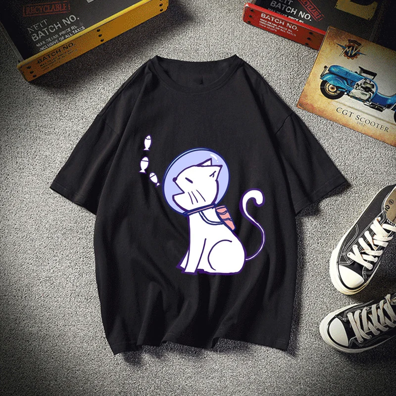 Space Cat часы с плаавающими рыбками в воздухе Новое поступление футболки принтом