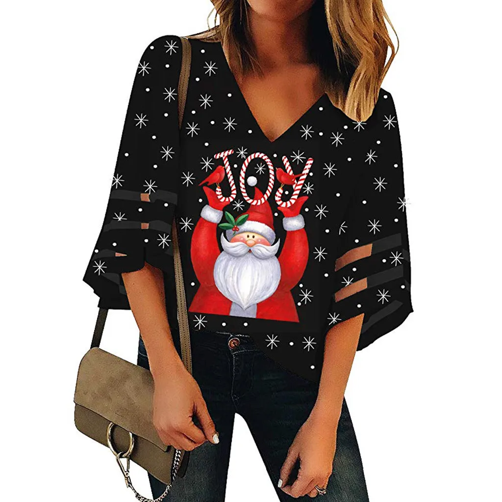 Blouse Women Shirt Women Tops блузка женская Christmas New Black Red V-Neck Mesh Top Trumpet Sleeves Loose Blouse Free Ship Z4