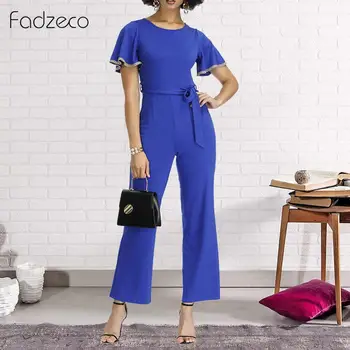 

Fadzeco African Print Women Jumpsuits Romper Short Sleeve O Neck Wide Leg Long Pants Jumpsuit Summer Female Playsuits Belted