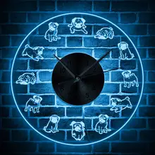 Мопс светодиодный подсветка современные настенные часы мультяшные собаки неоновая вывеска освещенные настенные часы Мопс Любовник Подарок Щенок Домашнее животное изменение цвета настенный светильник