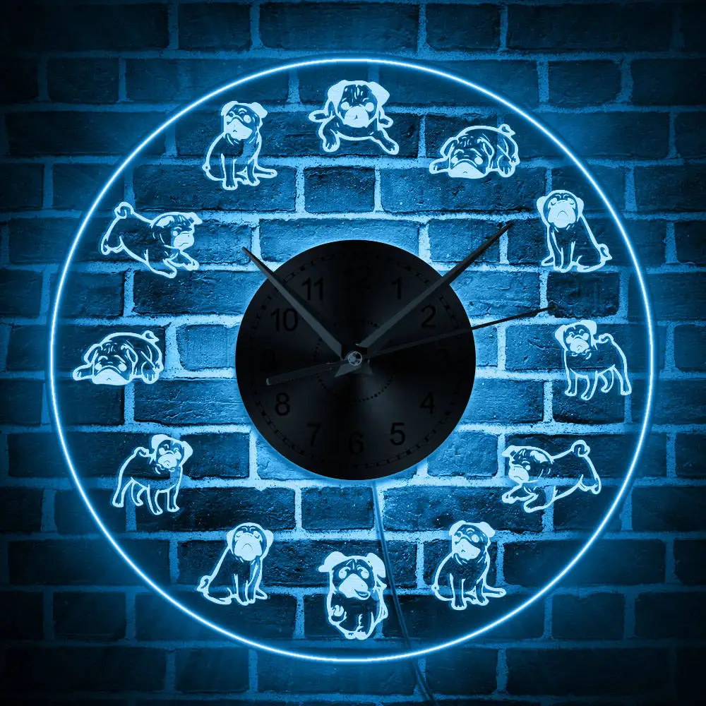 

Pug LED backlight Modern Wall Clock Cartoon Dogs Neon Sign Lighted Wall Watch Pug Lover Gift Puppy Pet Color Changing Wall Light