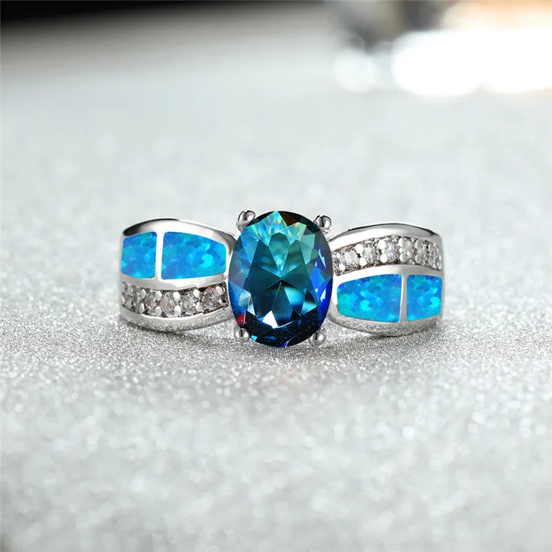 Boho женское кольцо с голубым огненным опалом, очаровательное 925 пробы серебряное красное синее овальное кольцо, обручальные кольца для женщин