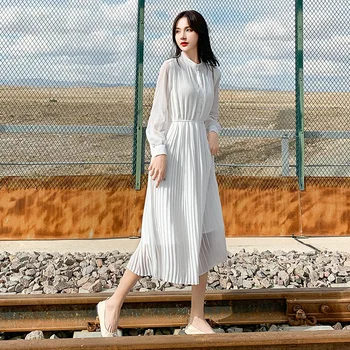 

2020 Spring New Vintage Long Sleeves Chiffon Dress Women Fashion White Round Collar Autumn Casual Midi Female Party Dresse Woman