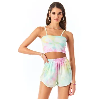

Summer Sleepwear Home Clothes Women's Tie-dye Printed Sleeveless Tank Tops Shorts Pajamas Set Sexy Nightwear Femme Casual Pyjama