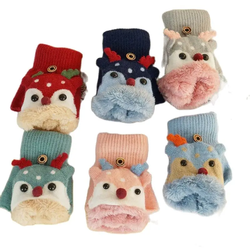 Cartoon Reindeer Gloves Children's Winter Warmth Plus Fleece Thickening Children's Baby Girl Knitted Warm Gloves