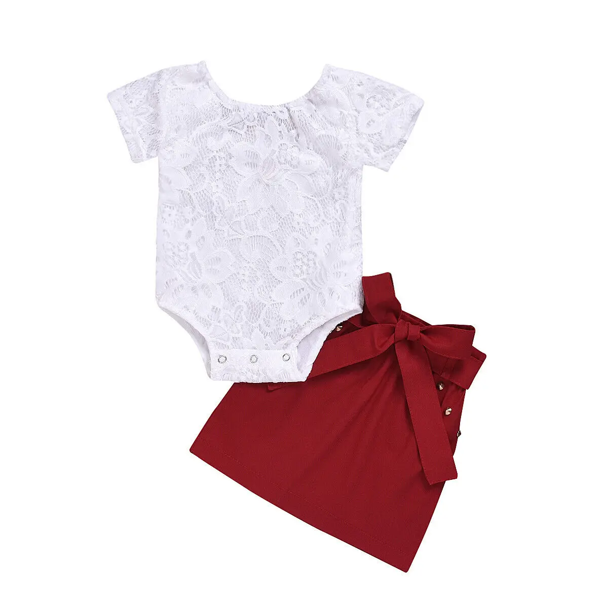 Г. Летняя одежда для малышей кружевной комбинезон с короткими рукавами для новорожденных девочек, пояс на завязках, юбка на бедрах комплект одежды из 2 предметов, От 6 месяцев до 4 лет - Цвет: Красный