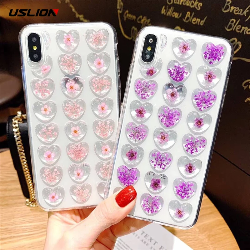 

USLION Epoxy 3D Flowes Mobile Phone Cover For Iphone 6 6S Plus 7 8 7Plus Love Heart Transparent Back Case For Iphone 7 Plus 6S