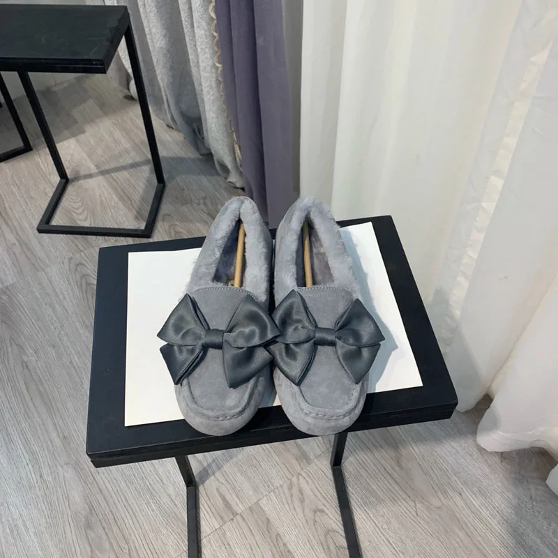 Зима стиль Лента с бантом Горох обувь женская лента Мех один Женские снегоступы Плоские повседневные туфли Пушистые ботинки