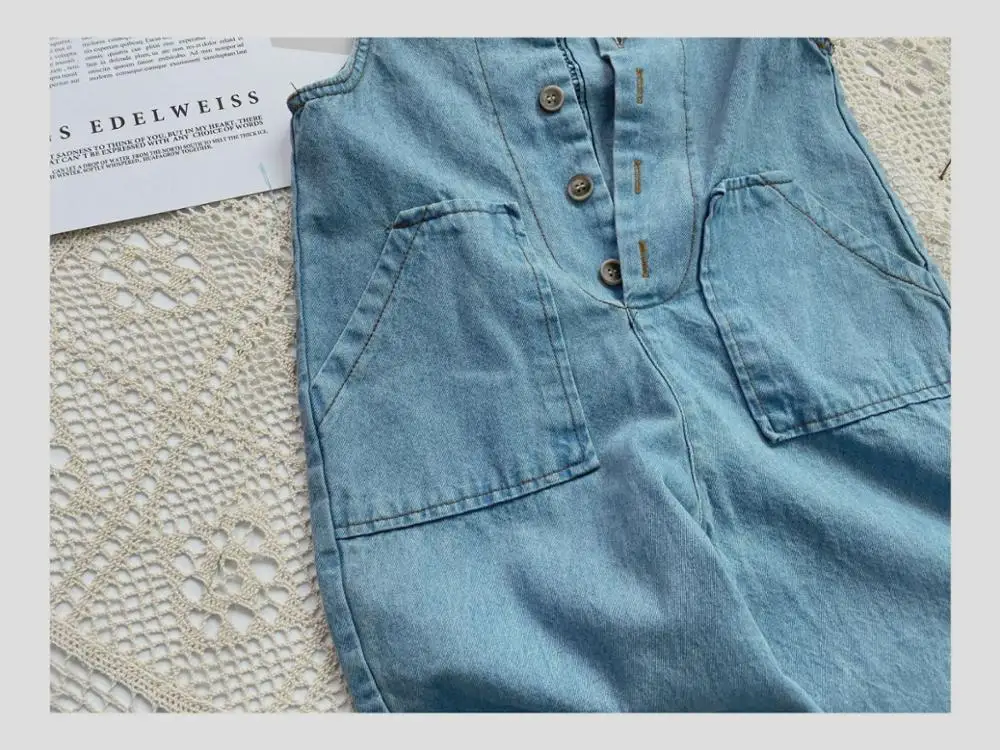 Spring Summer Children Denim Jumpsuits Korean Style Loose Retro Sleeveless Unisex Kids Overalls Soft Casual Pants