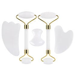 White Jade Face Roller Gouache GuaSha Scraper Set Natural Stone Facial Massager Gua Sha Massage Beauty Skin Care V Face Tools