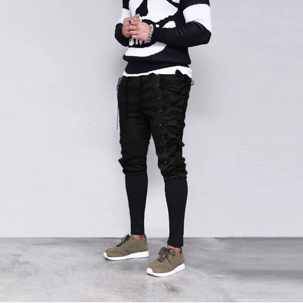 Модные Винтажные брюки для мужчин, Осенние новые персонализированные ретро штаны на шнуровке, брюки, брюки, бандажные штаны - Цвет: Черный