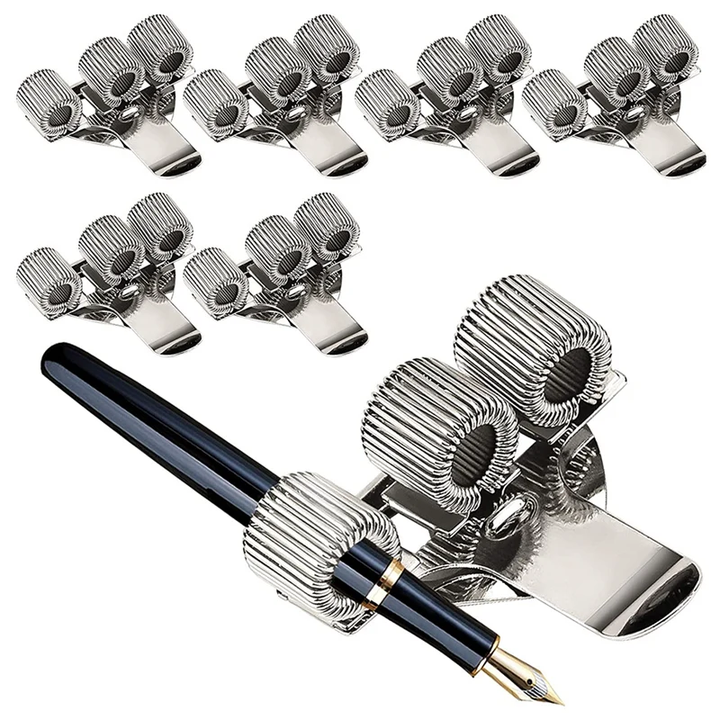 6Pcs Pen Holder Bag Stainless Steel Pen Holder Clip Silver 3 Holes Pen