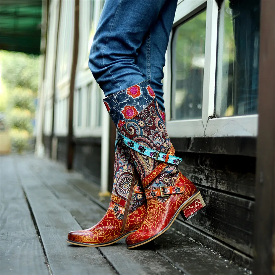 Vintage Women Knee High Boots Genuine Leather Riding Boots Autumn Winter Round Toe High Square Heels Western Cowgirl Boots Shoes (11)