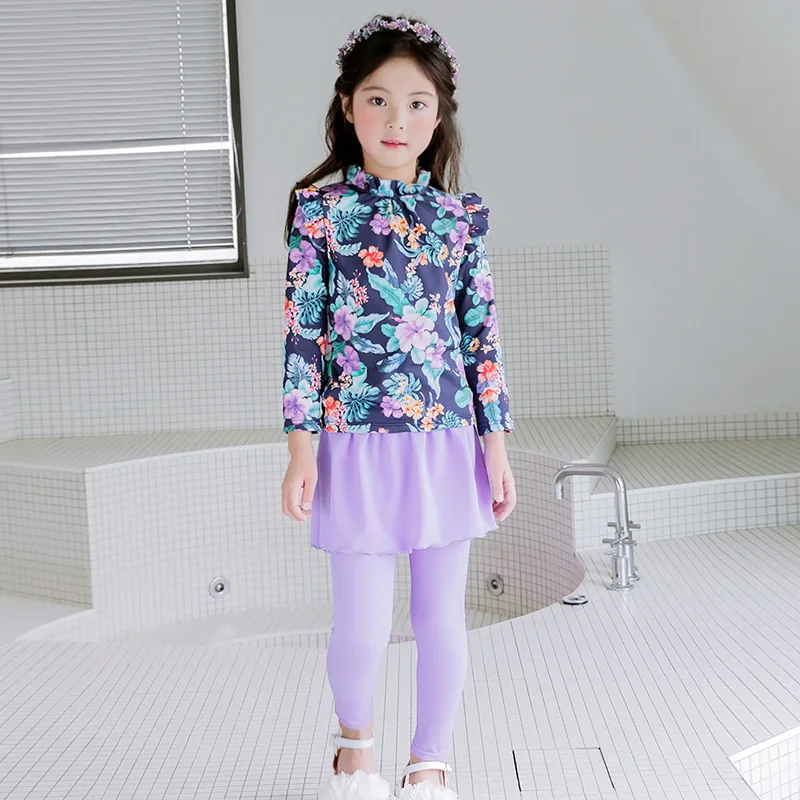 Girl Two Pieces Suit 3-11 Year Children Long Sleeve Skirt Swimsuit Kid Cute Flower Print Swimwear Baby Bathing Suit girls swimsuit