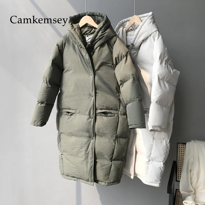 CamKemsey толстые теплые зимние пальто женские корейские повседневные однотонные пуховики с хлопковой подкладкой с капюшоном длинные зимние парки Пальто