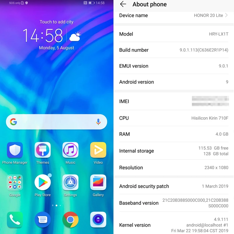 Мобильный телефон Honor 20 Lite глобальная версия 4 ГБ 128 фронтальная камера 32 Мп