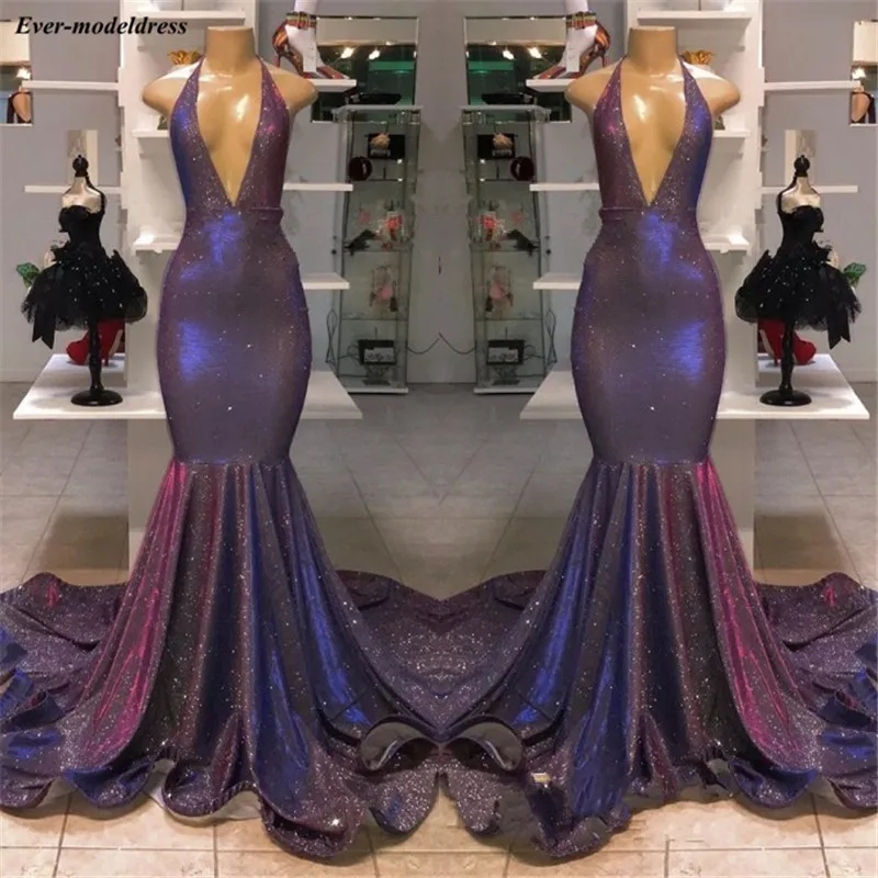 

Sexy Evening Dresses Mermaid Deep V-Neck Backless Sweep Train Shiny Prom Dress Formal Party Gowns Robe de soiree Cheap 2020