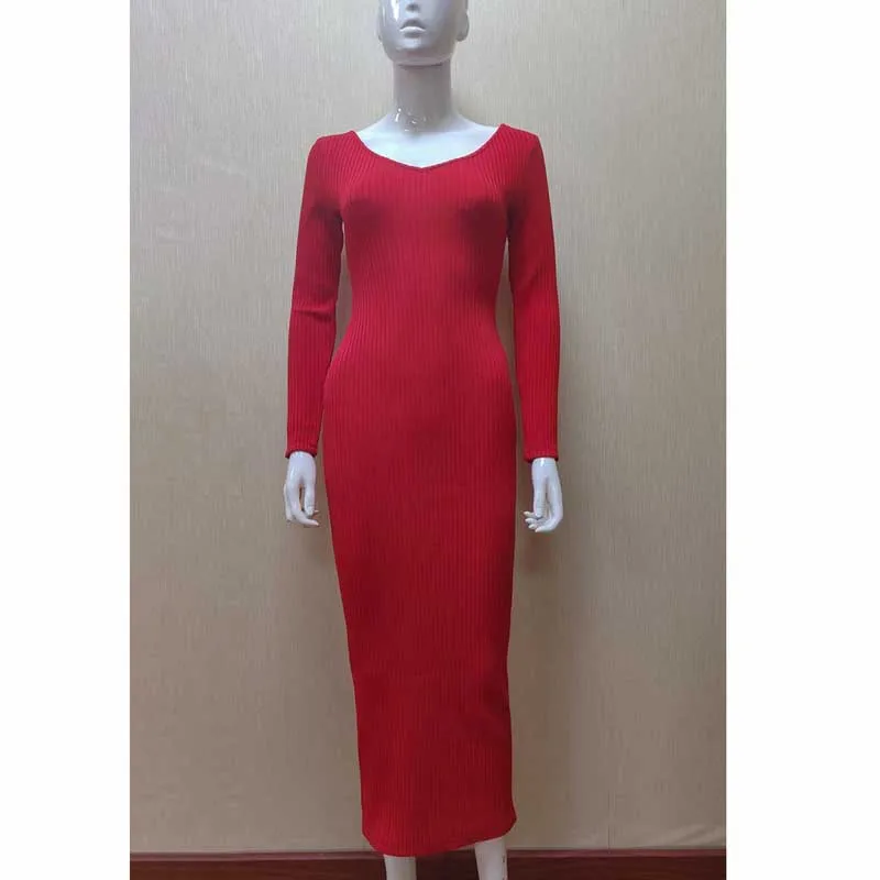 ERDAOBEN 2019 Autumn Winter Bodycon Women Dress Sexy V Neck Long Sleeve Stretchy Midi Dresses Casual Party Knitted Pencil