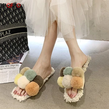 

HQFZO Women Fur Slides Fuzzy Home Slippers Flat Soft Comfortable Colored Balls Flip Flops Autumn Women Shoes 2020