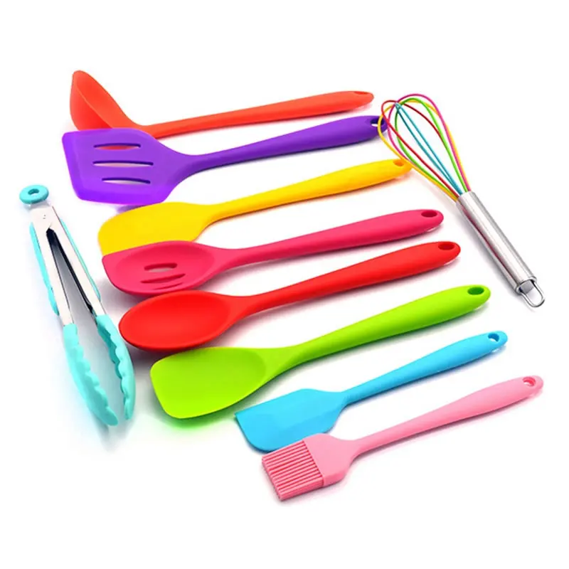  10Pcs Colorful Silicone Cooking Tools Set Turner Spatula Pasta Scoop Ladle Spoon Scraper Egg Whisk 