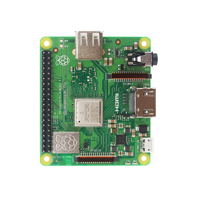 Raspberry Pi 3, Модель B+ 4 ядра 1,4 ГГц 64 бит BCM2837B0 Cortex-A53 Процессор 2,4 ГГц и 5 ГГц Wi-Fi 4,2 Bluetooth 512MB LPDDR2 SDRAM(синхронное динамическое ОЗУ