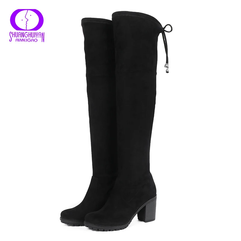 AIMEIGAO Black Suede Long Boots Women Thigh High Over The Knee Winter Boots Women High Heels Soft Leather Boots Femme Botas - Цвет: Черный