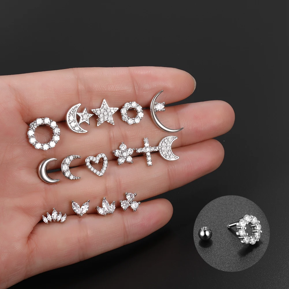 1PC 16G CZ Gem Cartilage Stud Moon Star Heart Cross Flower Crown Helix Tragus Piercings Conch Rook Stud Earring Piercing Jewelry