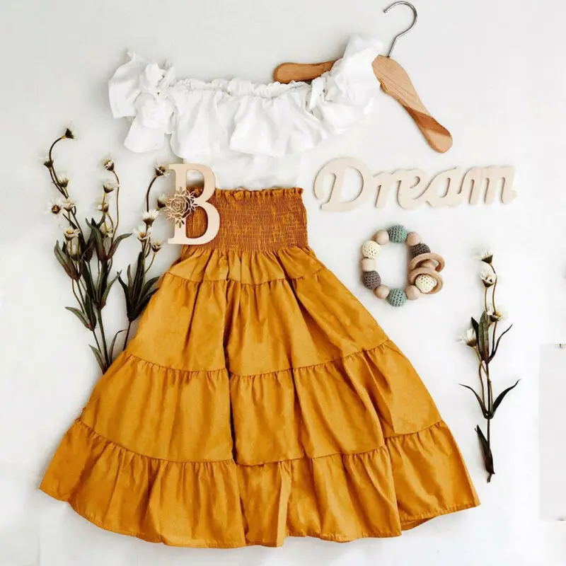 Toddler Kids Baby Girls Off Shoulder Ruffle Top Shirt Elastic Waist Dress Headband 3Pcs Solid Summer Outfit Set Clothes 2-7T
