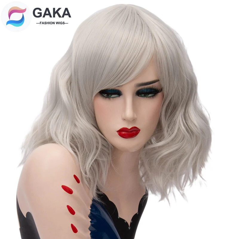 GAKA Short Wig Grey White Wavy Cosplay Red Wig with Side Bang for Women 32 Colors Party Costume Lolita Synthetic Hair