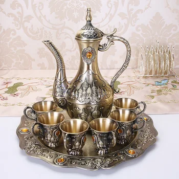 

8pcs/lot Liquor wine set retro bronze wine glass hip flask carving European style living room table decoration