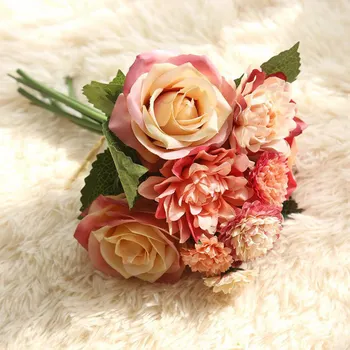 

1 Bunch Rose Dahlia Artificial Flowers Fake Plastic Silk Flower Bridal Bouquet for Wedding Home Decoration 5 Colors