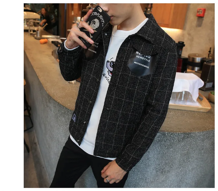 Now Spring And Autumn New Style Men Fold-down Collar Plaid Printed Coat Hong Kong Style Casual Large Size Slim Fit Jacket Men's
