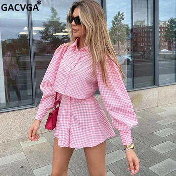 GACVGA 격자 무늬 퀼로트 반바지 세트, 셔츠 칼라 매칭 수트, 긴 소매 상의 의상, 여름 가을 여성 투피스 세트