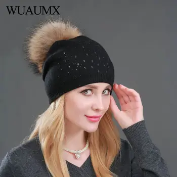 

Wuaumx Women Winter Hats Real Rur Pompom Double Layer Wool Knitted Hat Solid Beanie Pom Poms Autumn Hat For Girls Female Cap