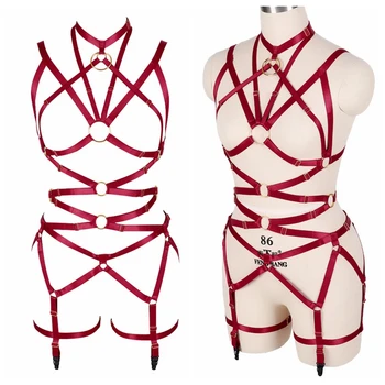 

Sexy Red Strappy Harness Set Tops Cage Bra Goth Punk High Waist Garter Belts Stockings Buckle Balls Rave Wear Women Plus Size