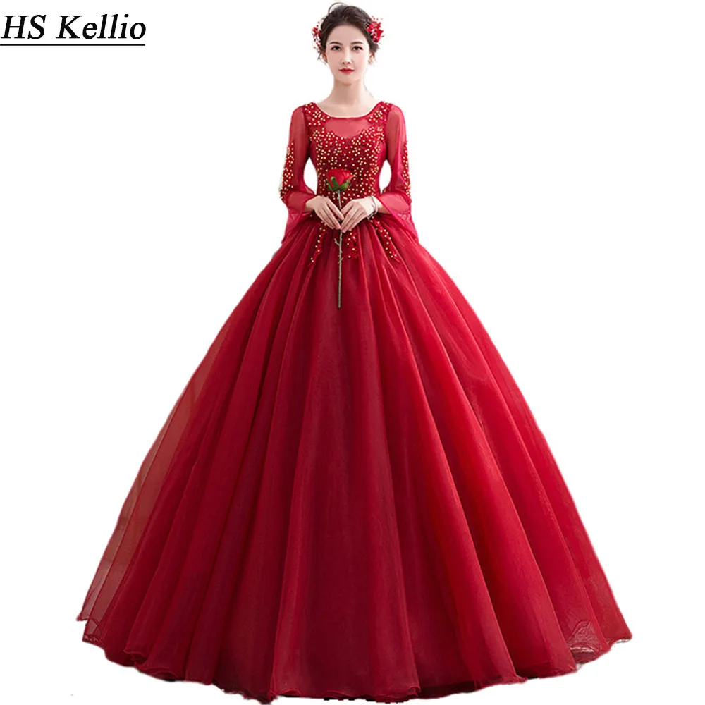 Бордовое платье Quinceanera с пышными рукавами кружевное Тюлевое бальное аппликацией