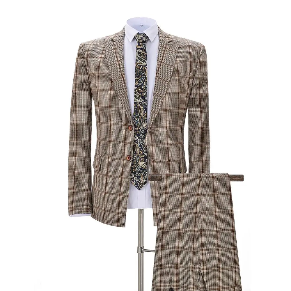 Официальные мужские костюмы, Классический крой, 2 предмета, в клетку, шерсть, твид, выпускной, коричневый/кофейный смокинг, деловой пиджак, блейзер+ брюки для свадьбы - Цвет: Brown-2 pieces