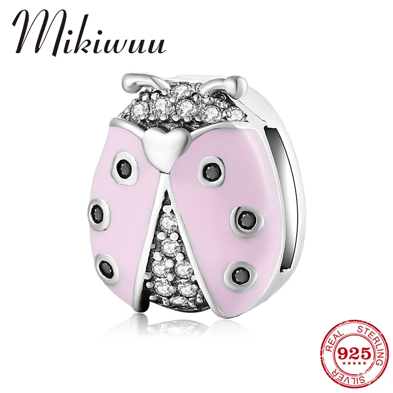 

Authentic Original 925 Sterling Silver Pink Enamel Clear CZ Ladybug Charm Clip Bead Fit Reflection Bracelets Women DIY Jewelry