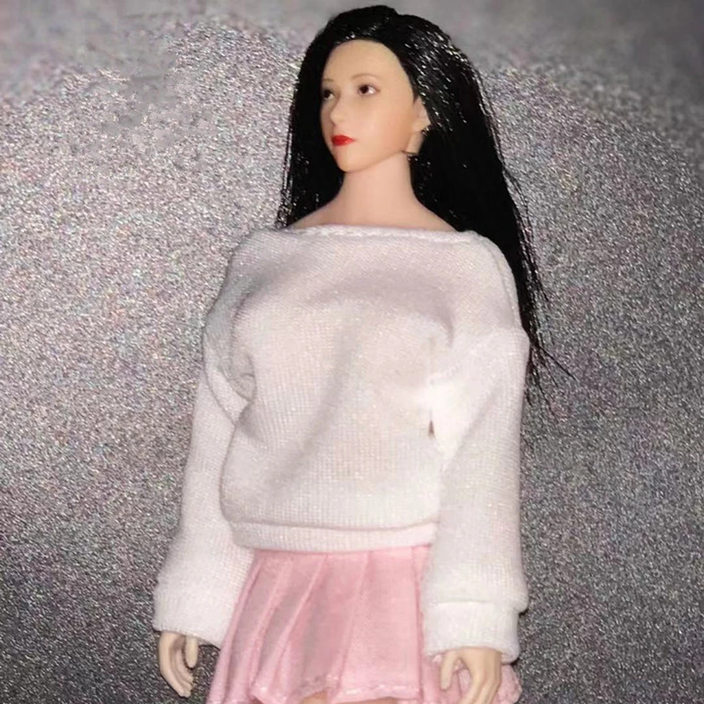 1/12 Scale Women T-shirt & Pink Pleated Skirt Long Sleeve Mini Skirt for BJD Action Figure Clothing Body Outfit Toy Accessory