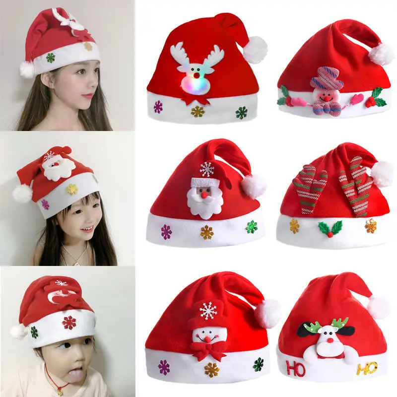 Kids & Adults LED Christmas Hat Santa Claus Elk Snowman Xmas Gift Red Cap Hats 