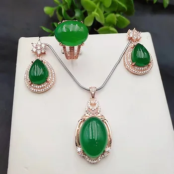 

Factory Direct Natural 925 Silver Inlaid Chalcedony Three-Piece Pendant Ring Earring Necklace New Set Wholesale