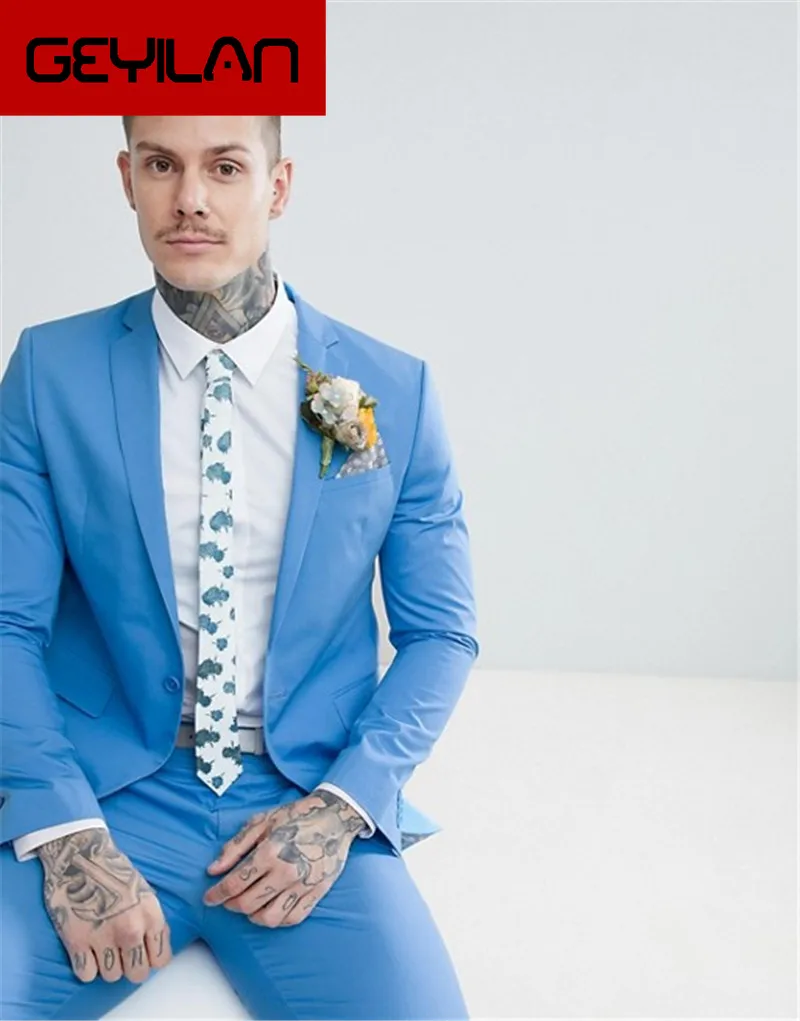 

Wedding Skinny Suit Sky Blue One Button Two Pieces Slim Fit Men Suits for Wedding Party (Jacket+Pants)
