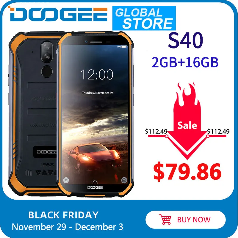 

Upgrade 2GB+16GB DOOGEE S40 MTK6739 Quad Core Android 9.0 4G Network Rugged Mobile Phone IP68 5.5inch Display 4650mAh 8.0MP NFC