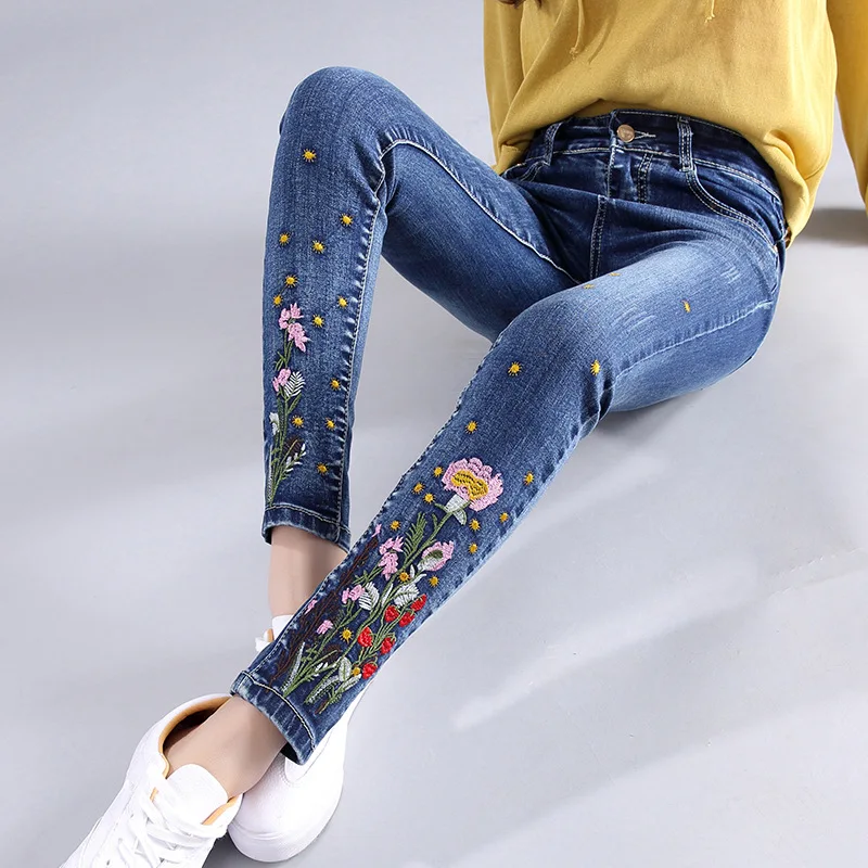 Skinny Floral Embroidered Jeans Pants Blue Denim Pants Blue 