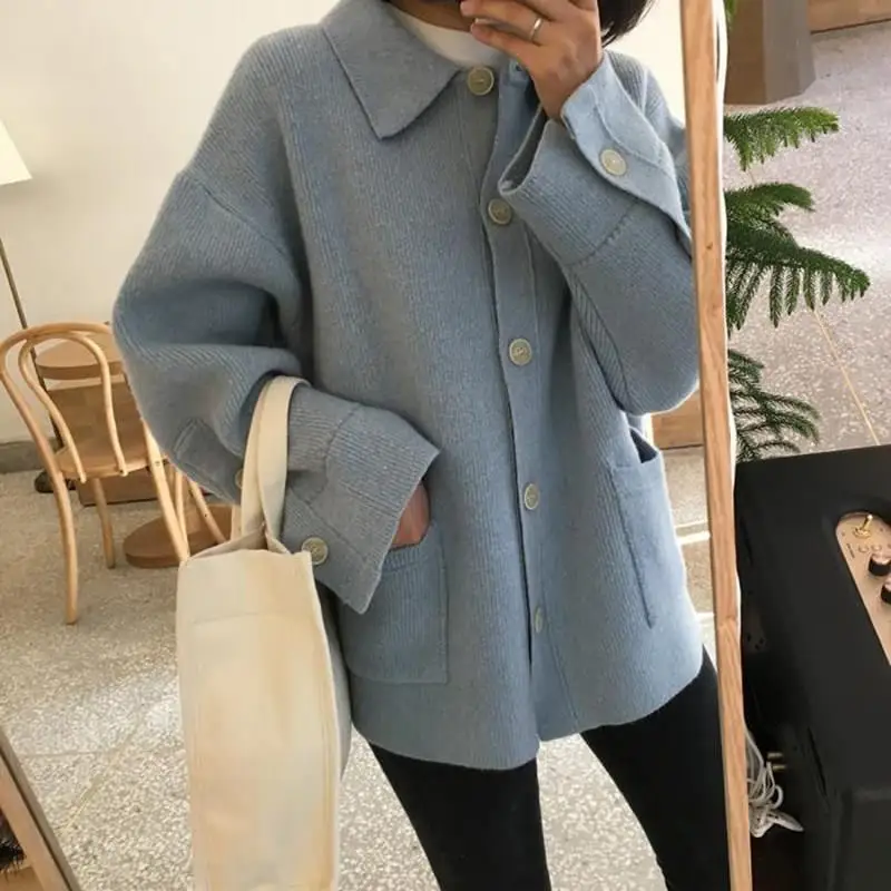 ^*Best Offers 2019 Korea Women Retro Shcool Pocket Knitting Cardigan Coat Plus Size Female Preppy Style Casual Loose Shirt Sweater